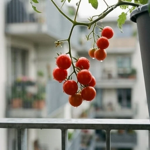 Tomates cerises propres suspendues après la pluie