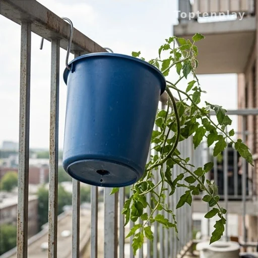Seau suspendu sur rambarde de balcon avec plants de tomates retombant vers le bas