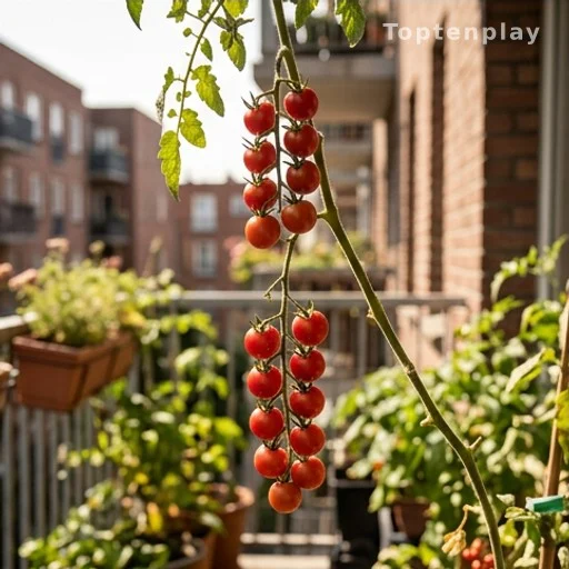 Grappes de tomates cerises rouges retombant d'un plant cultivé à l'envers sur balcon