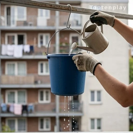 Arrosage d'un bac suspendu de tomates sur balcon urbain, eau s'écoulant du fond