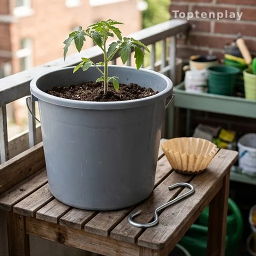 Matériel DIY pour culture de tomates à l'envers : seau, terreau, filtre à café et crochet