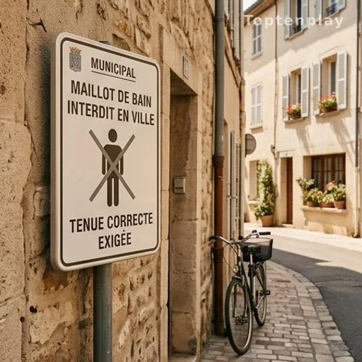 Panneau municipal interdisant le torse nu dans une rue française en été