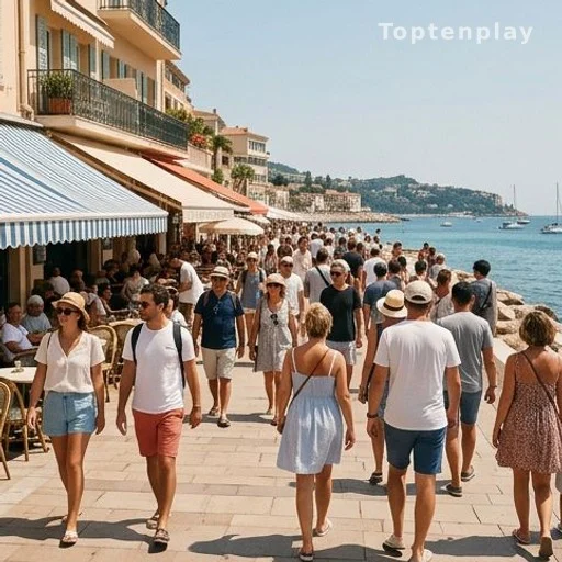 Promenade animée d'une station balnéaire française en été avec touristes