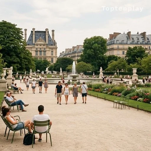 Jardin public parisien en été avec promeneurs anonymes
