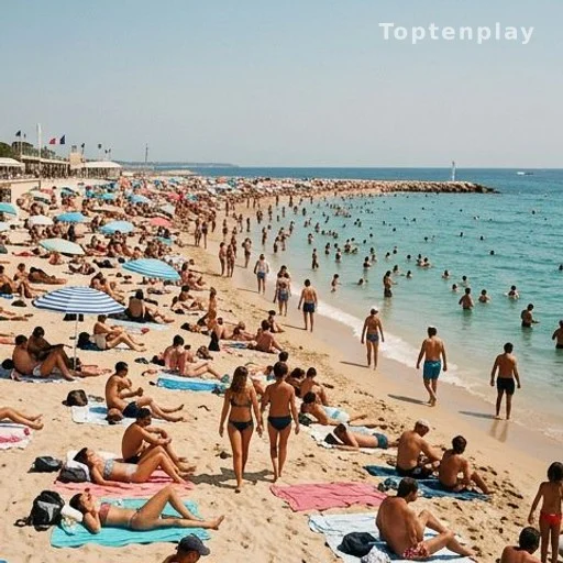 Plage publique française bondée en plein été, vacanciers au bord de l'eau