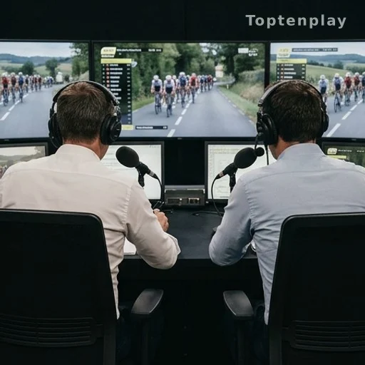 Deux commentateurs sportifs de dos face aux écrans d'un plateau de diffusion cyclisme