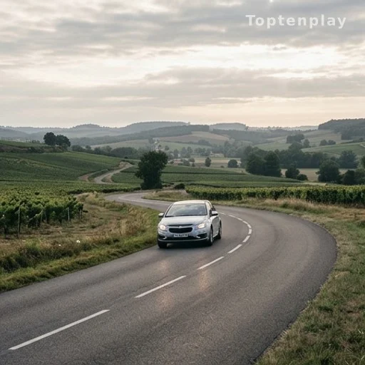 Voiture roulant sur une route sinueuse de campagne française lors d'une reconnaissance d'étape