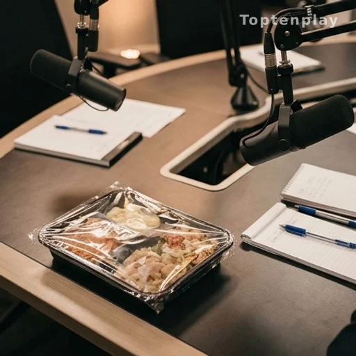 Plateau-repas posé sur un bureau de studio de télévision à côté de microphones