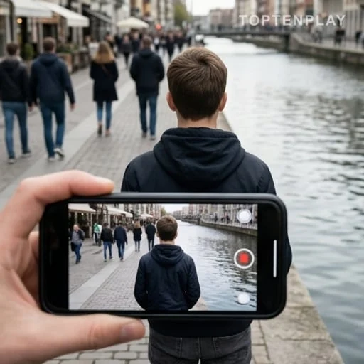 Téléphone filmant une scène près d’un canal urbain