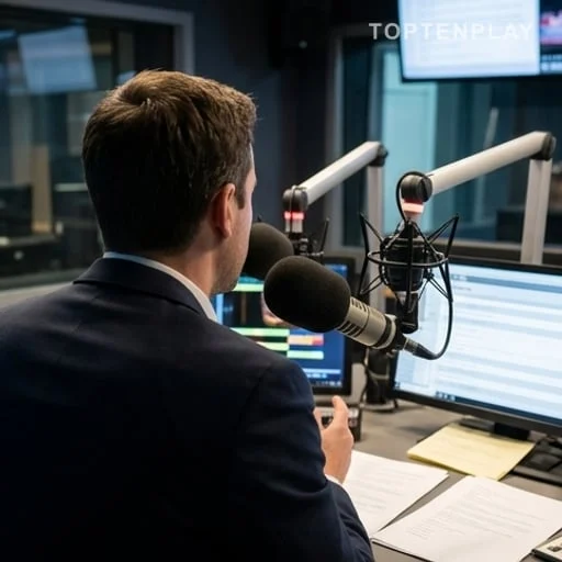 Studio radio avec micros et présentateur de dos