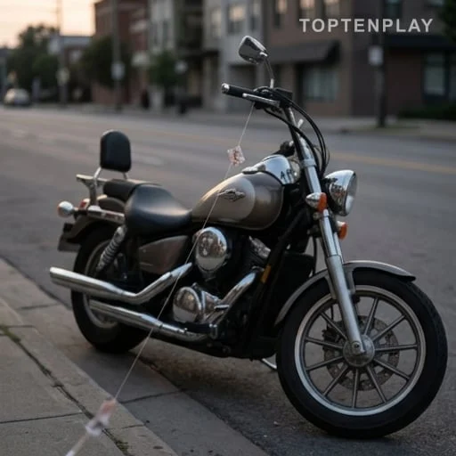 Moto arrêtée près d’un fil de cerf-volant coupant