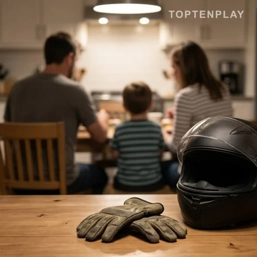 Famille anonyme autour d’un casque de moto