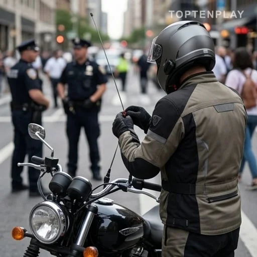 Motard vérifiant une antenne de sécurité routière