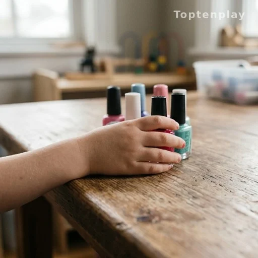 Main d'enfant tenant des flacons de vernis à ongles colorés, symbole du mouvement Polished Man