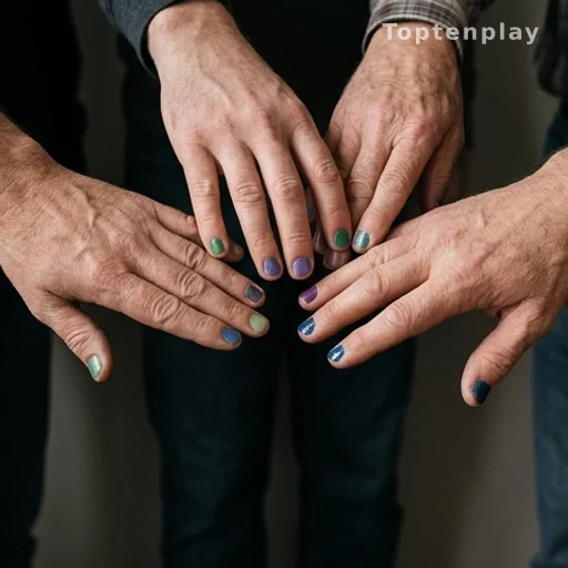 Mains d'hommes réunies avec un ongle peint chacune, campagne de prévention des violences sur les enfants