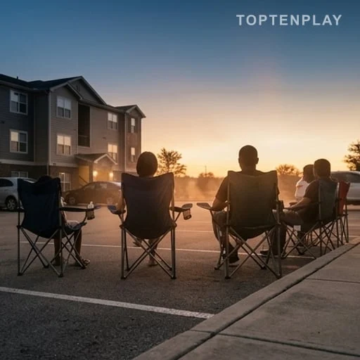 Chaises pliantes sur parking résidentiel un soir d’été