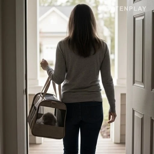 Propriétaire anonyme tenant la caisse de transport d’un chien
