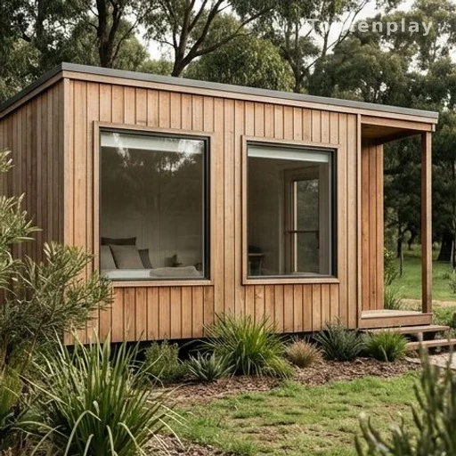 Tiny house compacte en bois avec deux fenêtres dans un jardin