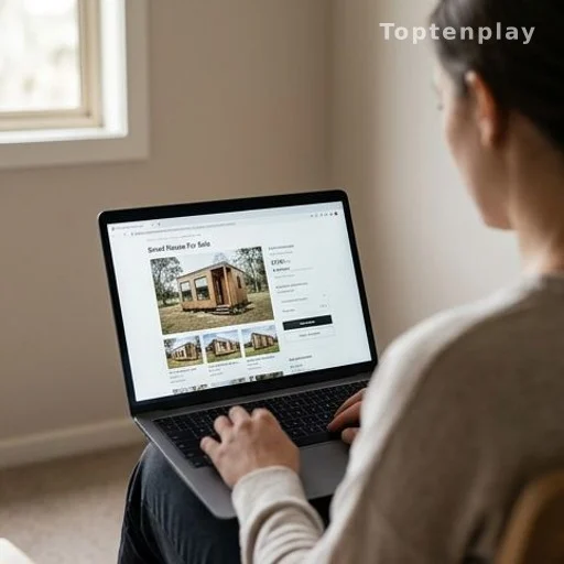 Personne consultant une annonce de tiny house sur un ordinateur portable