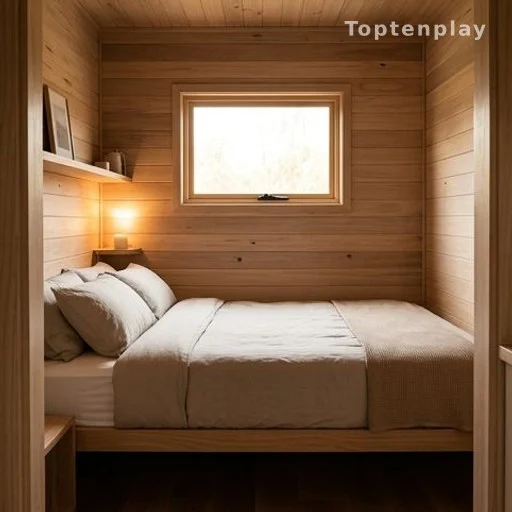 Intérieur d'une tiny house avec chambre compacte et murs en bois