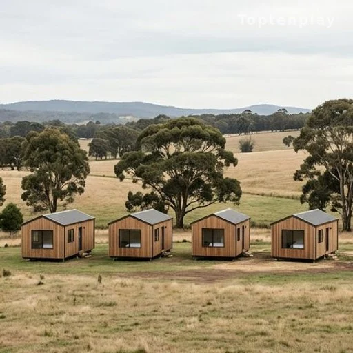Rangée de petites maisons préfabriquées dans un paysage rural verdoyant