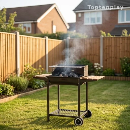 Barbecue fumant dans un jardin résidentiel séparé par une clôture en bois