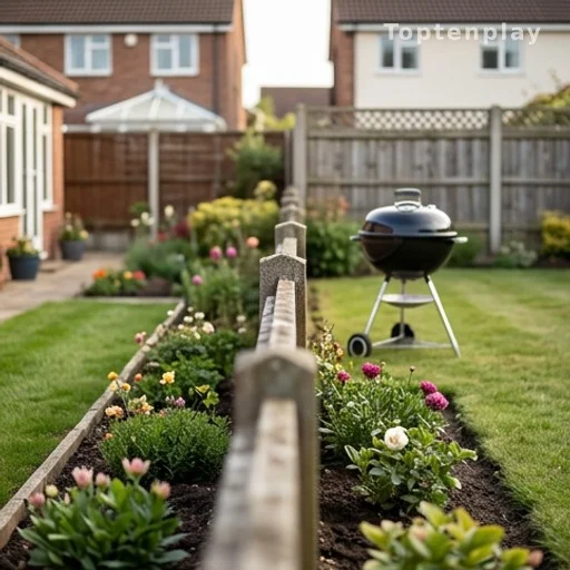 Deux jardins mitoyens séparés par une clôture basse, barbecue visible côté voisin