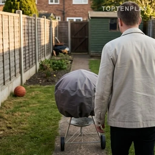 Barbecue retiré d’un jardin avec ballon de basket inutilisé