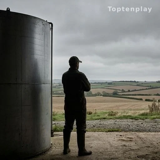 Silhouette d'un agriculteur près d'une cuve de stockage dans une exploitation
