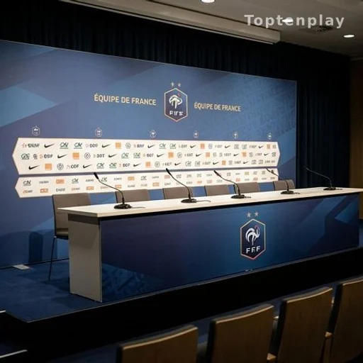 Salle de conférence de presse officielle avec table et micros, avant l'annonce du sélectionneur