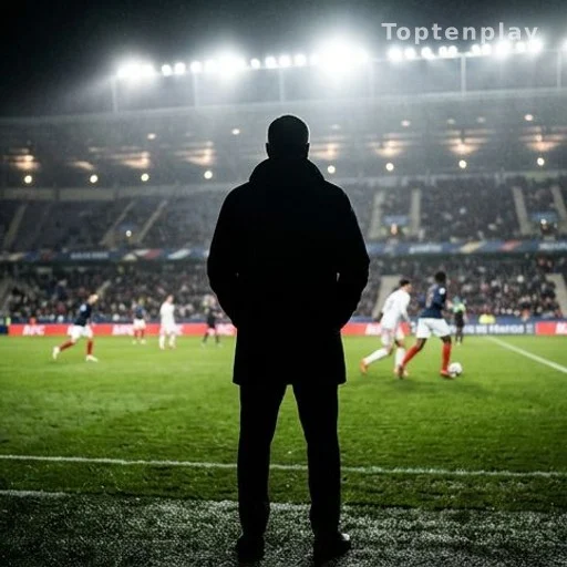 Silhouette d'un entraîneur de dos au bord d'un terrain de football éclairé