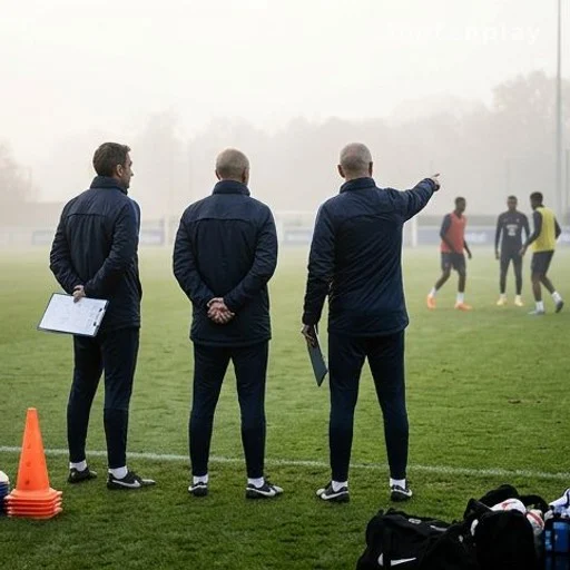 Membres d'un staff technique de dos sur un terrain d'entraînement de football