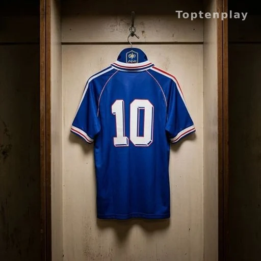Maillot de football numéro 10 accroché dans un vestiaire, symbole d'un joueur légendaire