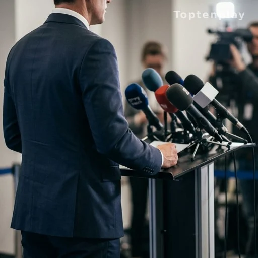 Dirigeant sportif en conférence de presse devant plusieurs micros