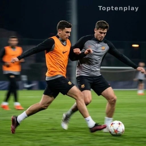Deux joueurs de football en duel sur le couloir droit lors d'un entraînement
