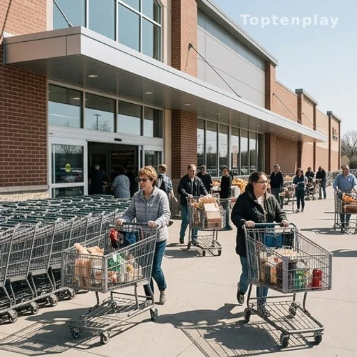 Entrée d'un supermarché ouverte un jour férié avec des clients et des caddies