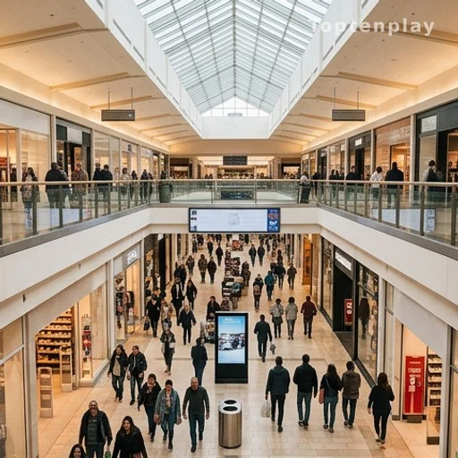 Intérieur d'un centre commercial animé avec des boutiques ouvertes et des clients