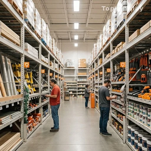 Allée d'un magasin de bricolage ouvert avec des rayons de matériaux et des clients
