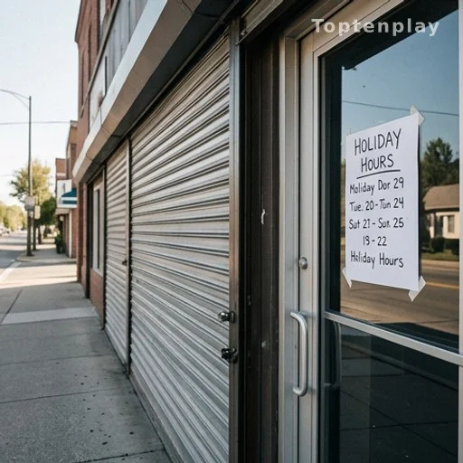 Devanture de magasin fermé avec affichage d'horaires exceptionnels pour jour férié