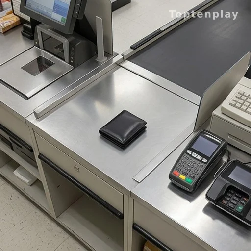 Portefeuille oublié sur un terminal de paiement de supermarché
