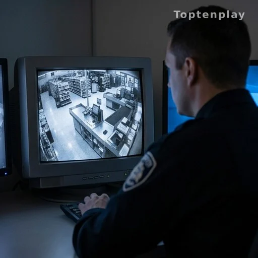 Agent de sécurité consultant des images de vidéosurveillance en arrière-boutique