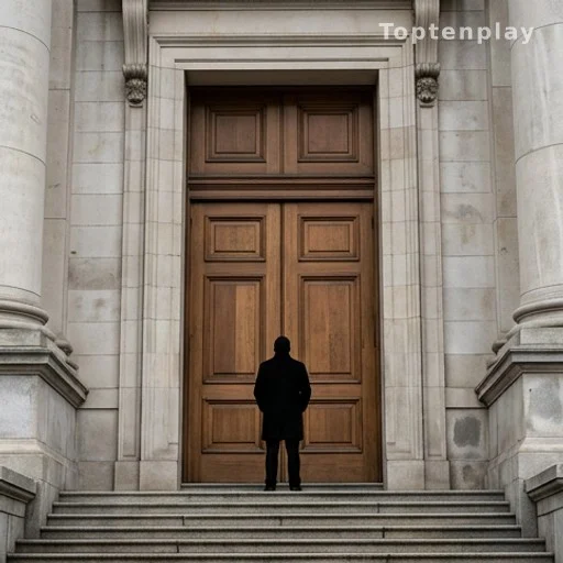 Façade d'un palais de justice, silhouette anonyme sur les marches