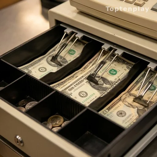 Tiroir-caisse entrouvert avec des billets visibles, sans personne identifiable