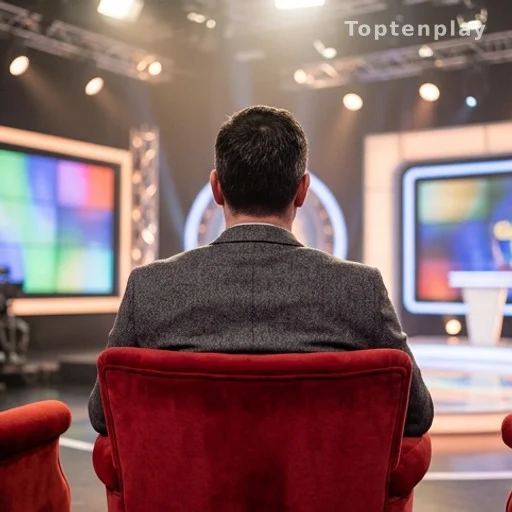 Candidat de dos dans le fauteuil rouge d'un jeu télévisé sur plateau illuminé