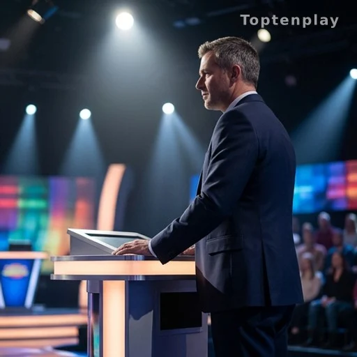 Silhouette d'un candidat debout face à un pupitre de jeu télévisé sous les projecteurs