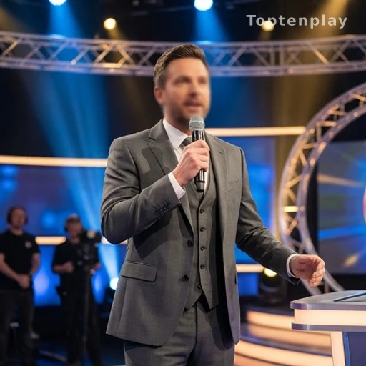 Animateur de jeu télévisé au micro sur un plateau coloré sous éclairage de studio