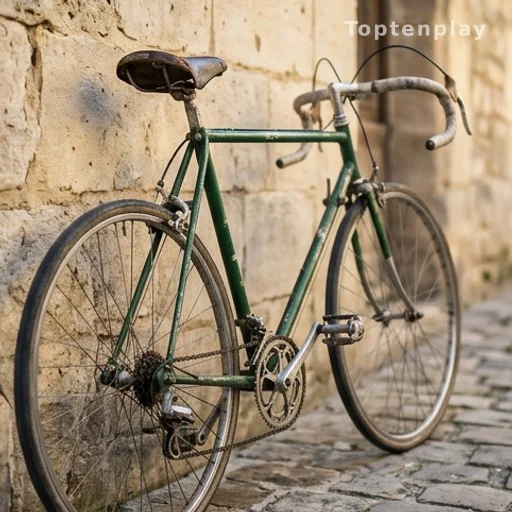 Vélo de route usé appuyé contre un mur de pierre en lumière naturelle