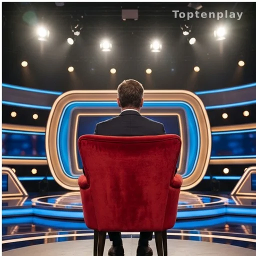 Fauteuil rouge d'un plateau de jeu télévisé sous les projecteurs