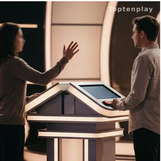 Deux candidats face à face sur un plateau de jeu télévisé