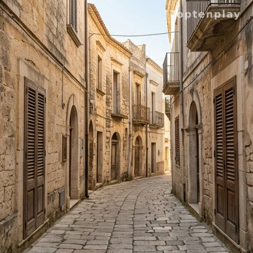 Ruelle en pierre du centre historique d'un village des Pouilles avec maisons abandonnées